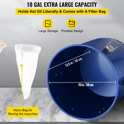 10 Gal Grease Bucket - Steel Oil Container with Filter Bag & Lock Clips