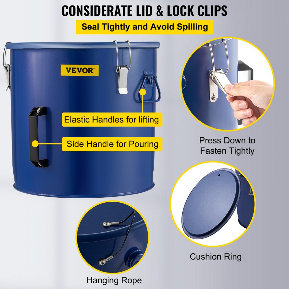 10 Gal Grease Bucket - Steel Oil Container with Filter Bag & Lock Clips