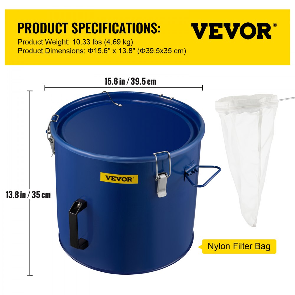 10 Gal Grease Bucket - Steel Oil Container with Filter Bag & Lock Clips