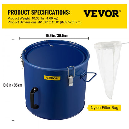 10 Gal Grease Bucket - Steel Oil Container with Filter Bag & Lock Clips