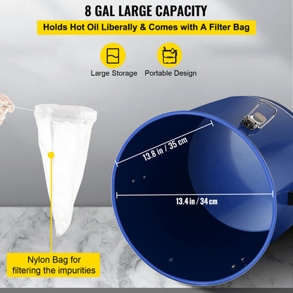 8 Gal Grease Bucket - Durable Steel Fryer Oil Caddy with Lid & Filters