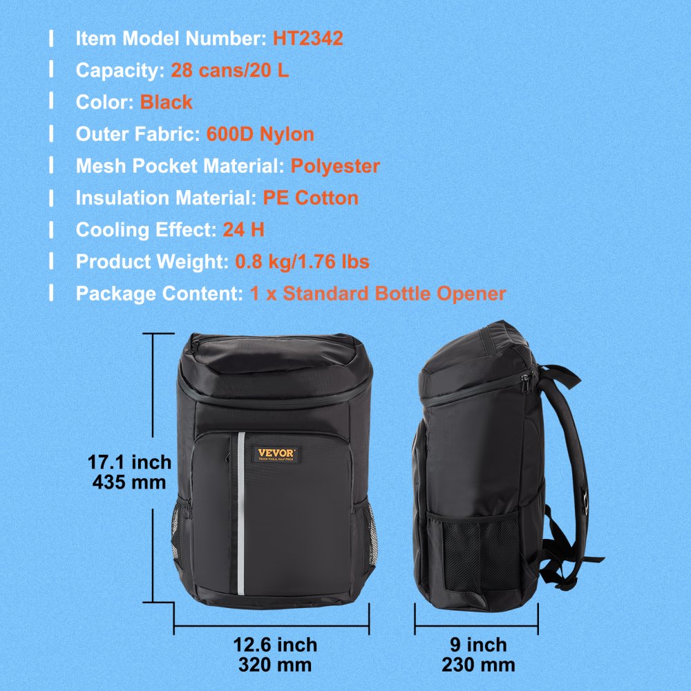 HT2342 - 20L Waterproof Backpack Cooler for 28 Cans, Insulated & Lightweight