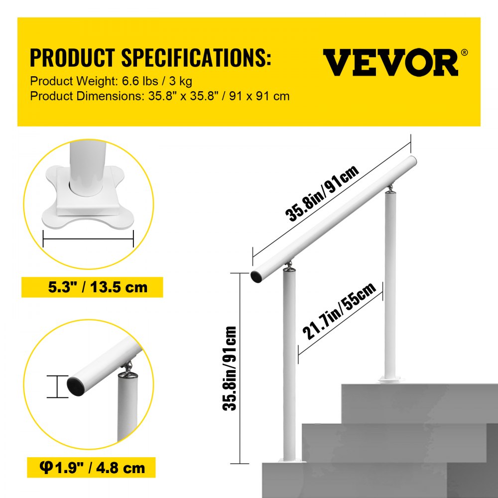 LZBS-3FT - 3FT Adjustable Aluminum Stair Handrail for 2-3 Steps