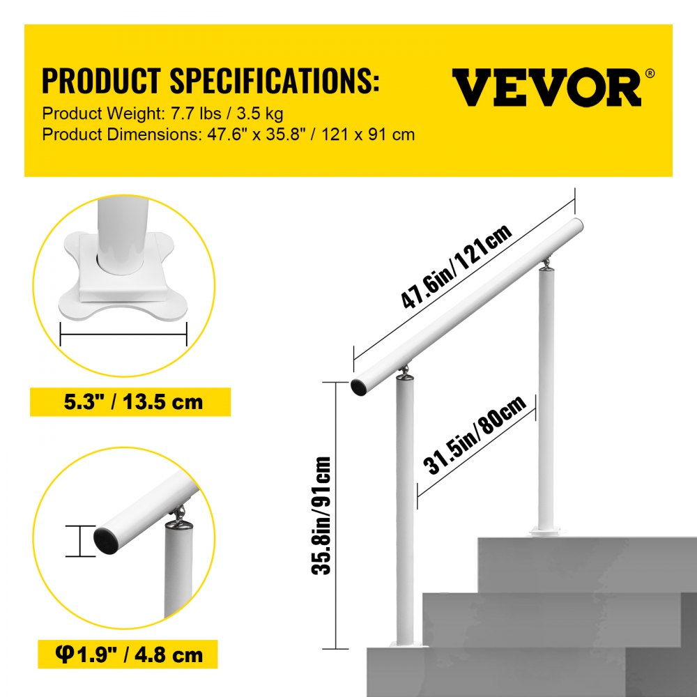 LZBS-4FT - Adjustable 4FT Aluminum Handrail for Steps, Supports 165lbs