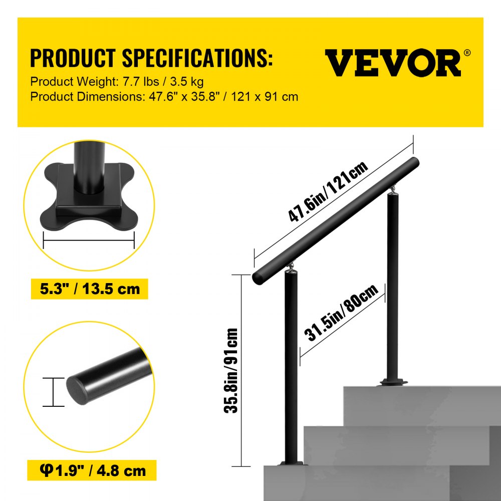 LZHS-4FT Adjustable Black Aluminum Stair Railing for 1-4 Steps – Safe & Durable