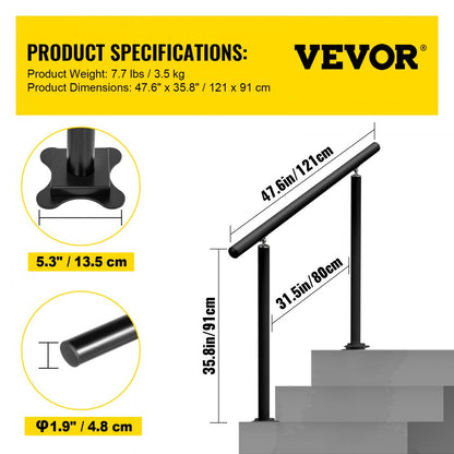 LZHS-4FT Adjustable Black Aluminum Stair Railing for 1-4 Steps – Safe & Durable