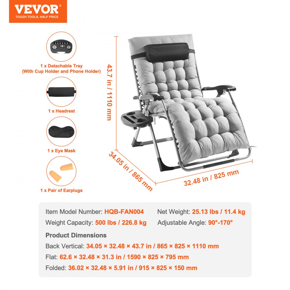 HQB-FAN004 - 33" Folding Zero Gravity Recliner with Removable Cushion