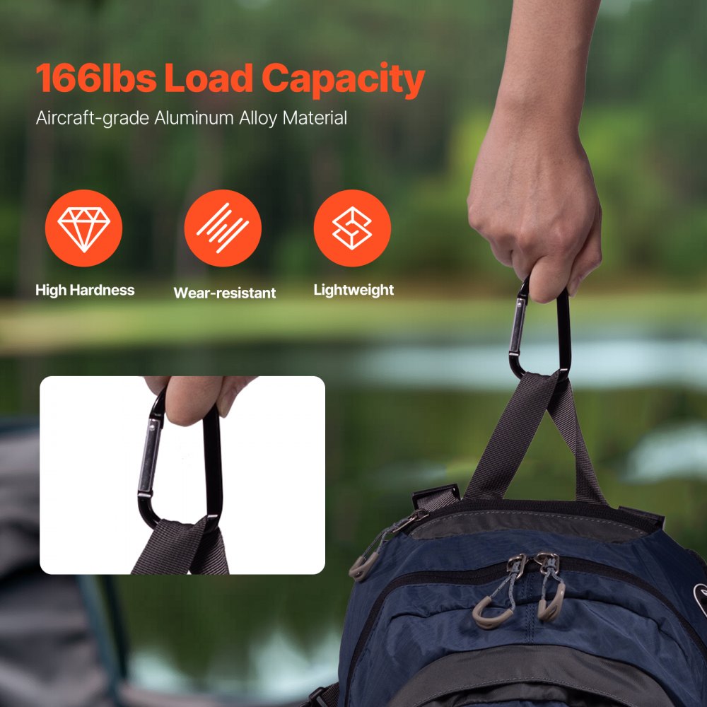 zq910034 - 10-Pack D-Shaped Aluminum Carabiner Clips - 166 lb Capacity