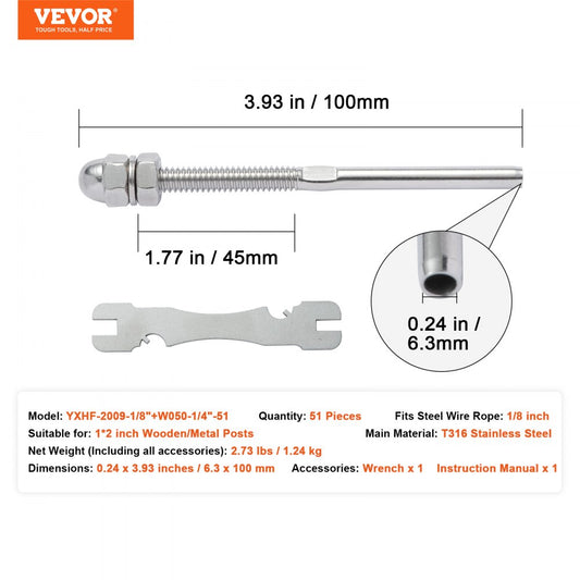YXHF-2009-1/8"+W050-1/4"-51 - 51 Pack T316 Stainless Steel Cable Railing Fittings