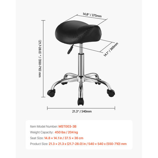 MST003-3B - Ergonomic Saddle Stool with Wheels, 450 lbs Capacity