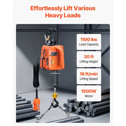 500-D2 - 1100LBS Electric Hoist with 30ft Lift Height & Remote Control