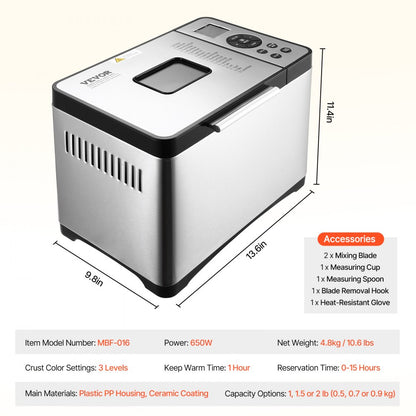 MBF-016 - 19-Mode Automatic Bread Maker with 15-Hour Timer, 3 Sizes