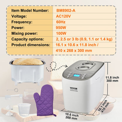 BM8902-A - 3LB VEVOR Bread Maker with Gluten-Free Setting and Nonstick Pan