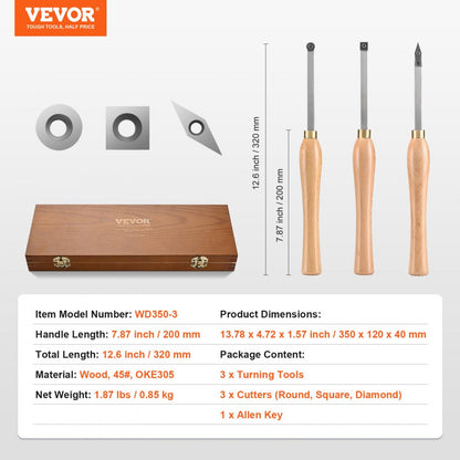 WD350-3 - VEVOR 12.6" Durable Wood Lathe Chisel Set with 7.87" Grip
