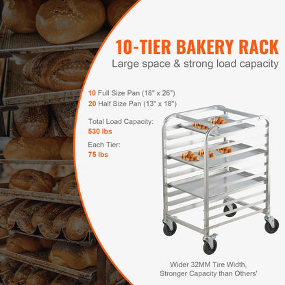 LHPR-10R - Compact 26"L Aluminum Bun Pan Rack with Rubber Brake Wheels