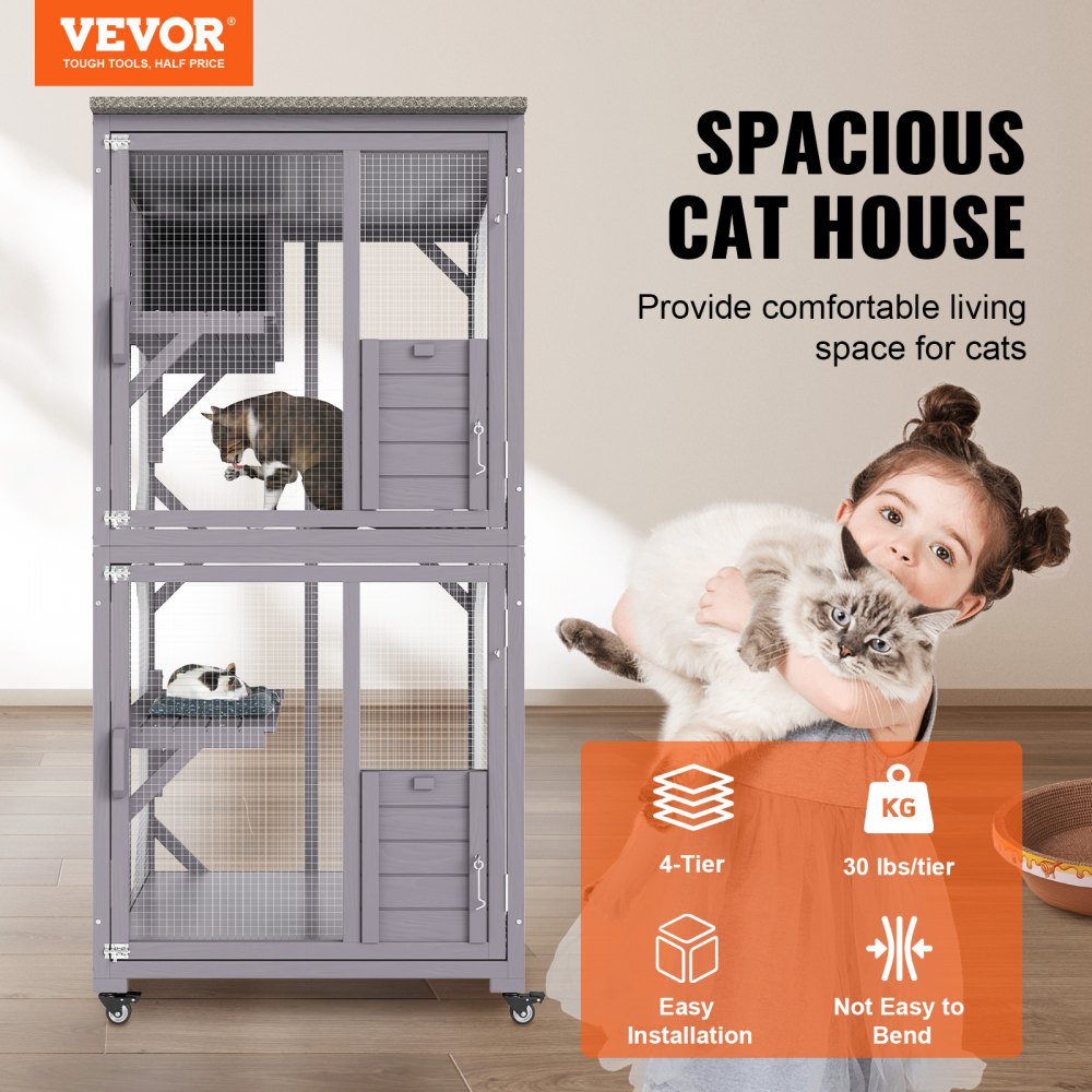 CH470 - Spacious 29.9"x34"x64.1" Outdoor Cat House with Mobile Caster
