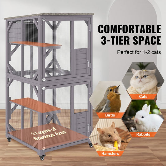 CH470 - Spacious 29.9"x34"x64.1" Outdoor Cat House with Mobile Caster