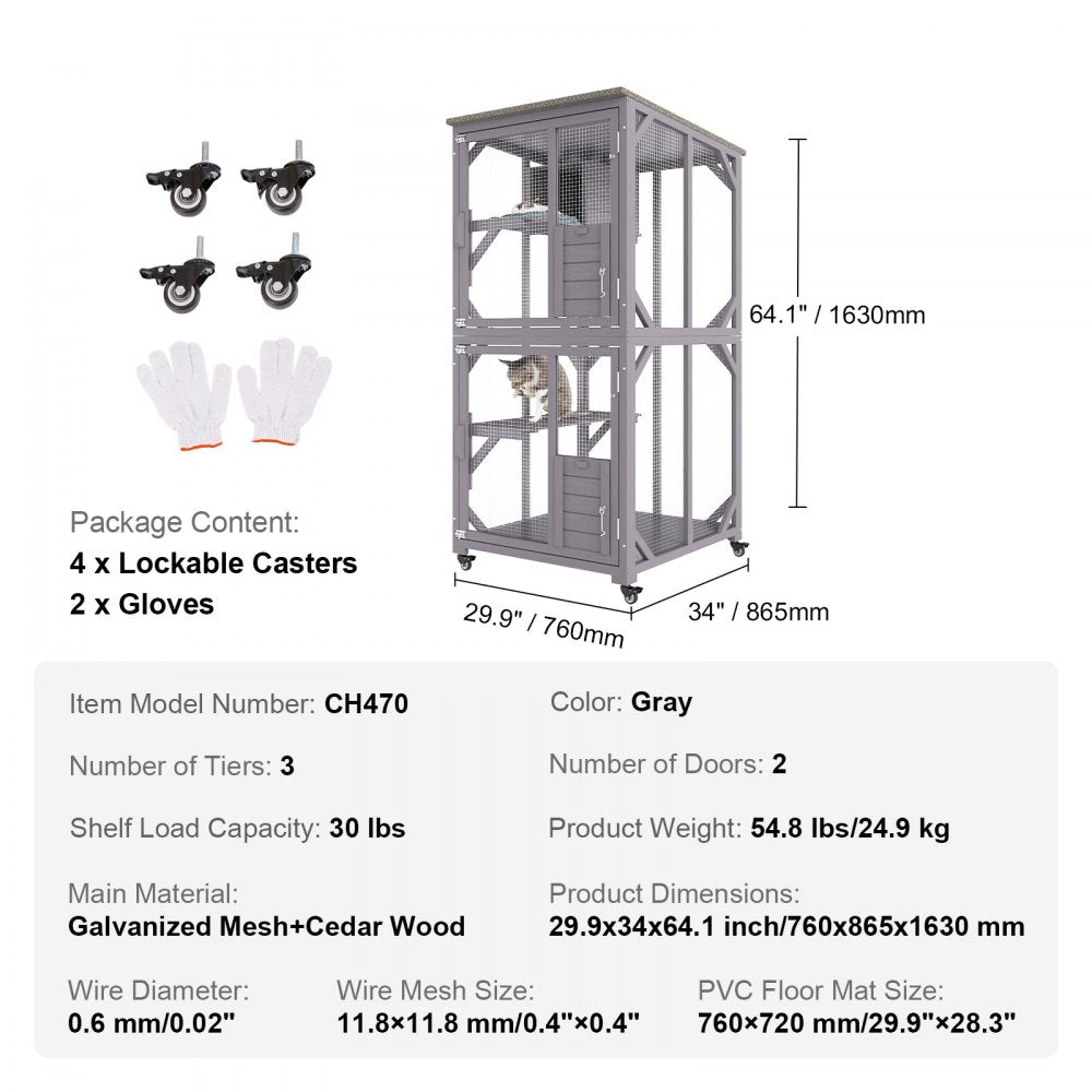 CH470 - Spacious 29.9"x34"x64.1" Outdoor Cat House with Mobile Caster