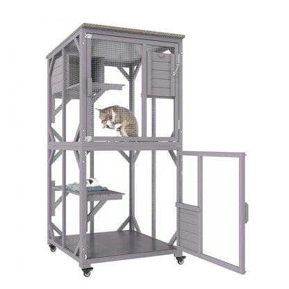 CH470 - Spacious 29.9"x34"x64.1" Outdoor Cat House with Mobile Caster