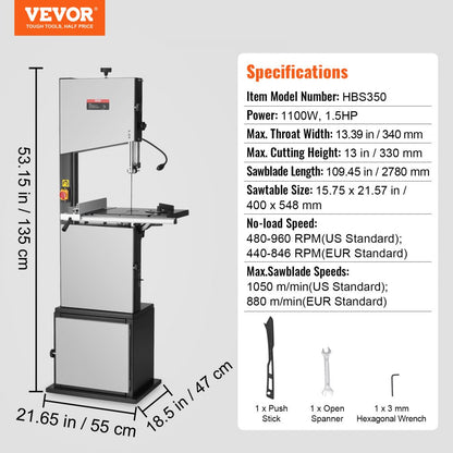 HBS350 - 14-Inch VEVOR Bandsaw with 1.5HP Motor and 6-Inch Cutting Height