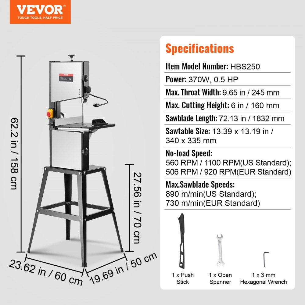 HBS250 - 10-Inch VEVOR Bandsaw, 6-Inch Cut Height, 560-1100 RPM