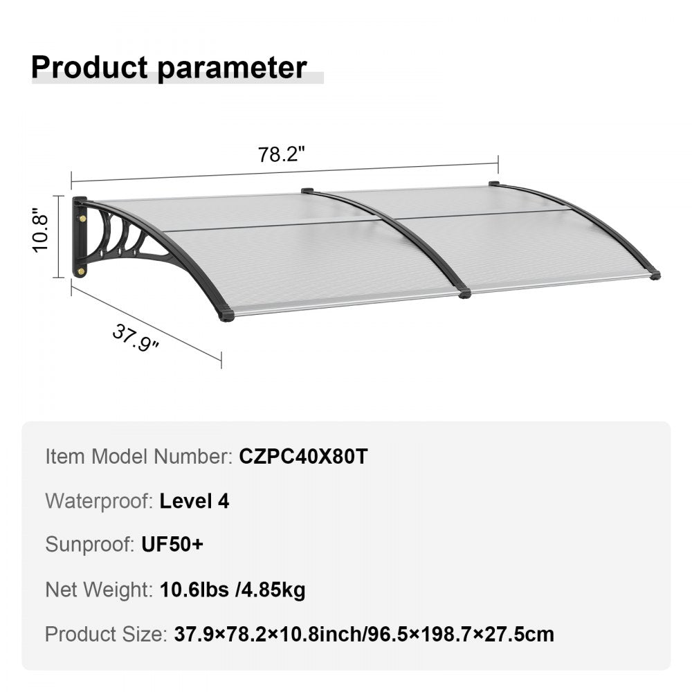 CZPC40X80T - Durable 40" x 80" UV-Resistant Window Door Awning Canopy