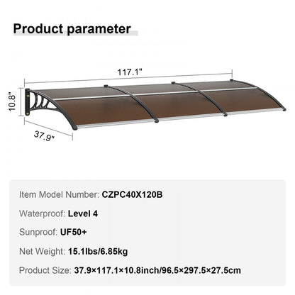CZPC40X120B - 38" x 117" Durable Window Awning Canopy for Year-Round Protection