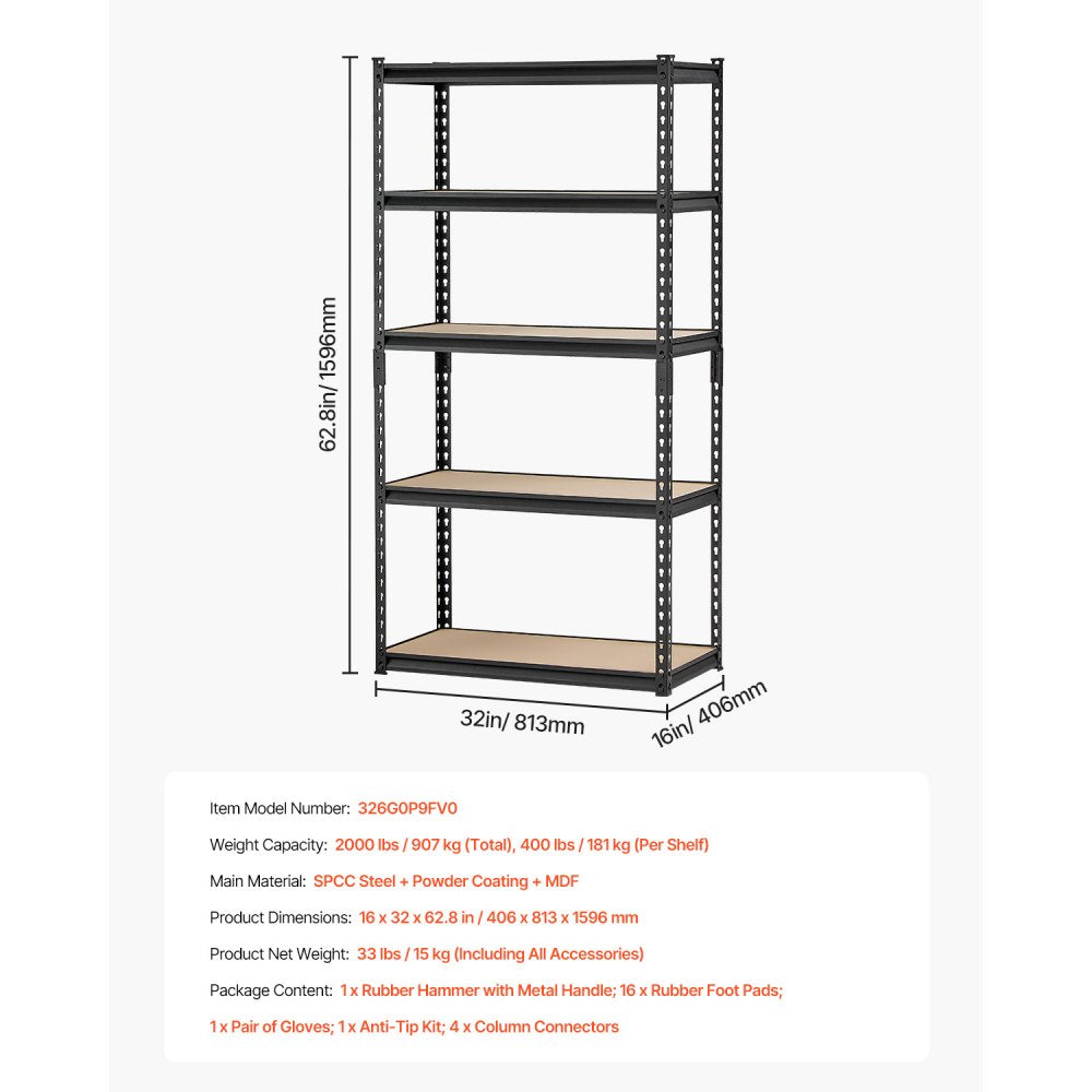 326G0P9FV0 - Heavy-Duty 5-Tier Shelving Unit, 2000 lbs Capacity 62.8" H