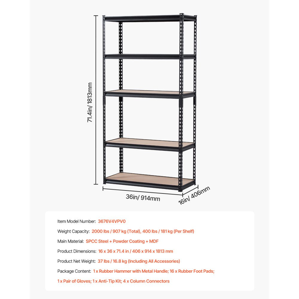 3676V4VPV0 - Heavy-Duty 5-Tier Storage Shelves, 2000 lbs Capacity