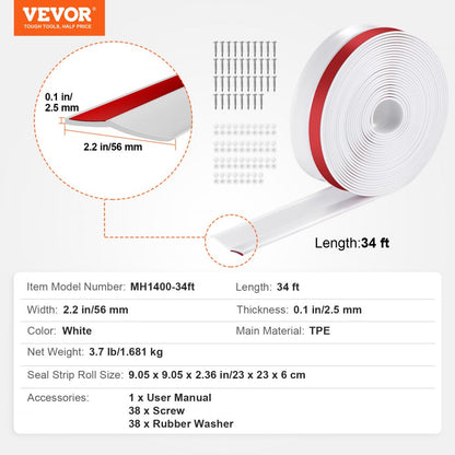 MH1400-34ft - Weather-Resistant Garage Door Seal, 34ft TPE with Strong Adhesive