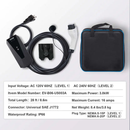 EV-B06-US003A - 28ft Portable EV Charger, 16A with Dual Voltage Flexibility