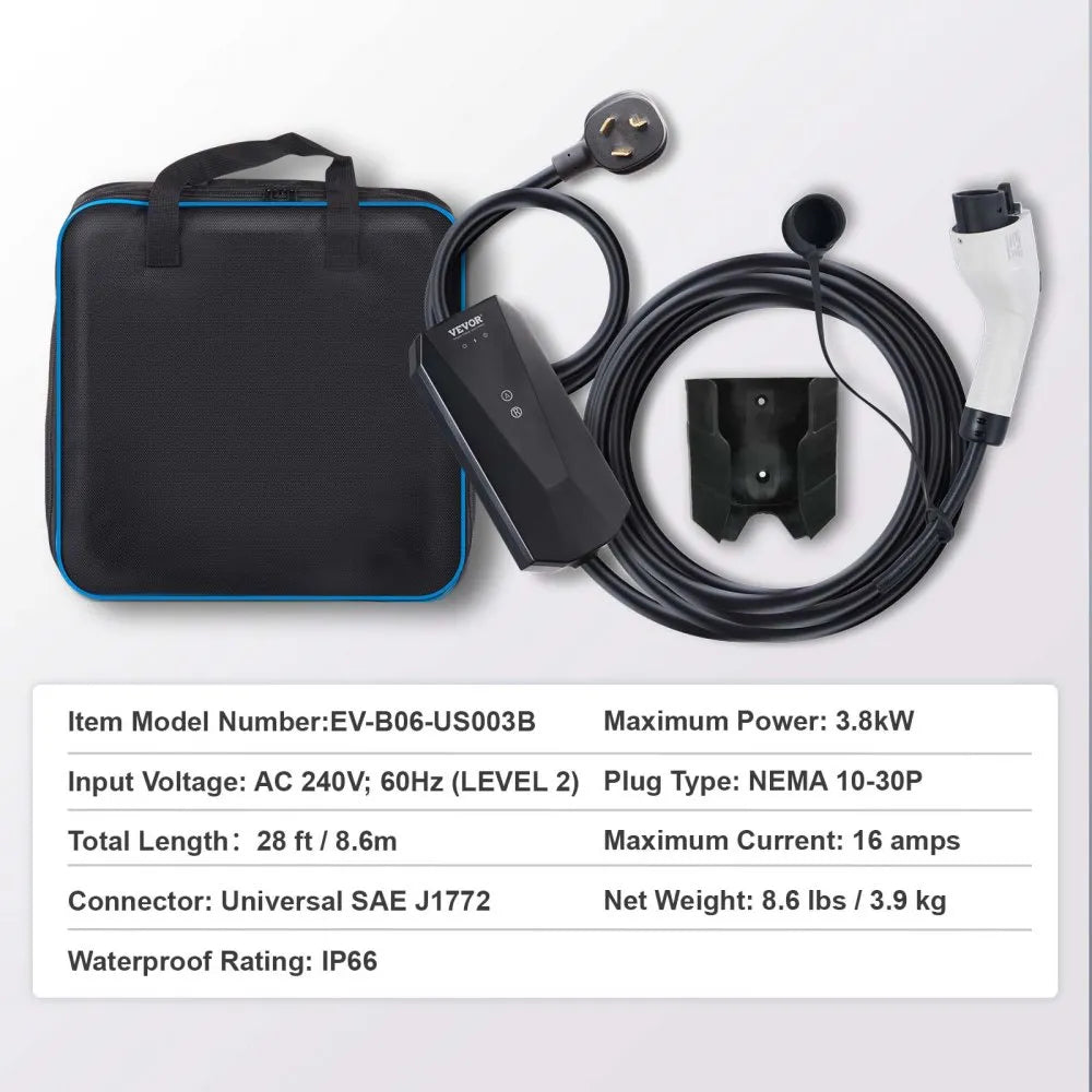 EV-B06-US003B - 28ft Level 2 Portable EV Charger, IP66 Rated, 16A