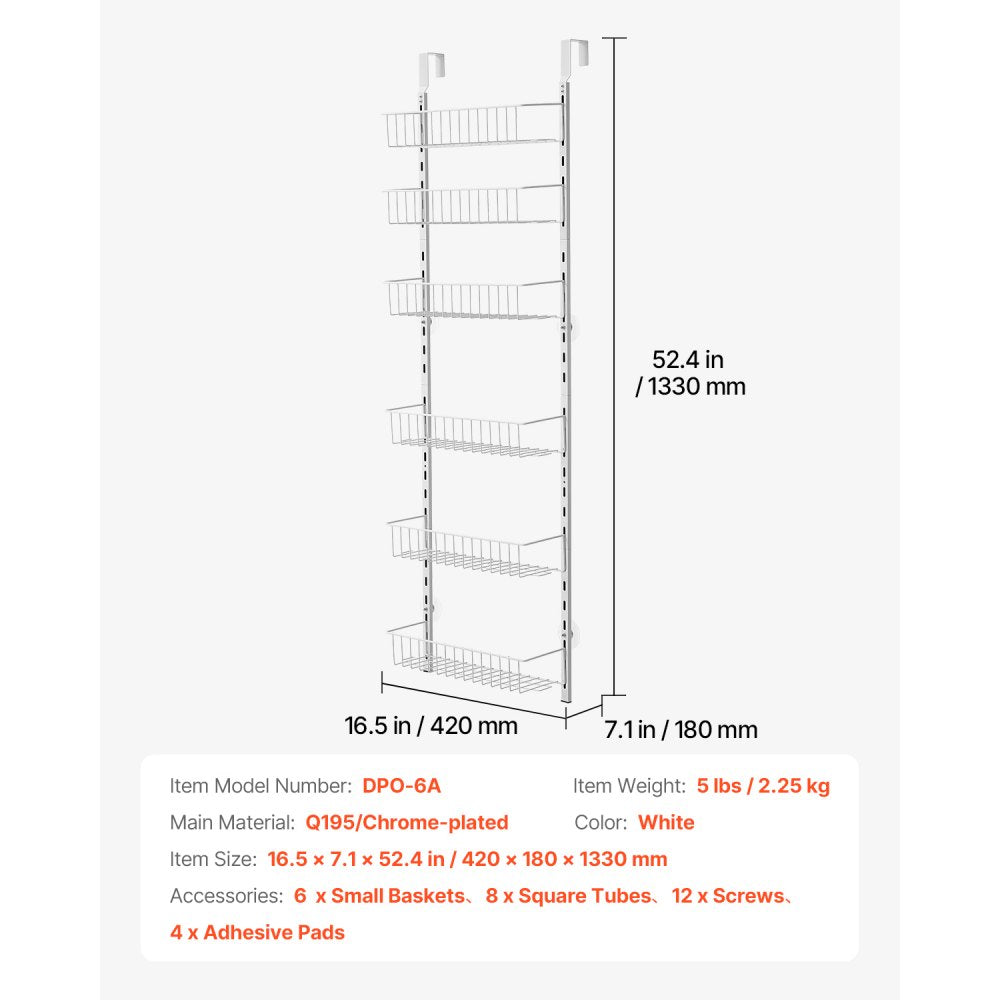 DPO-6A - 6-Basket Over-Door Organizer with Adjustable Spacing for Small Spaces