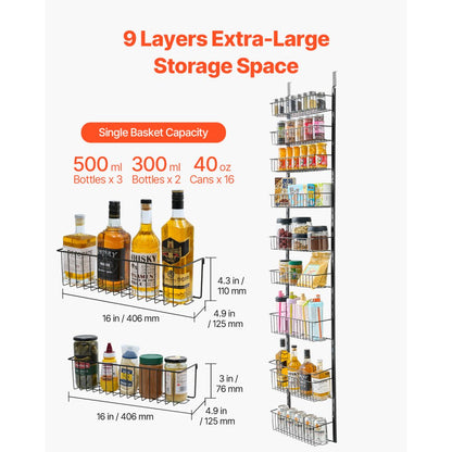 DPO-9B - Heavy-Duty Over the Door Organizer with 9 Baskets and Adjustable Spacing