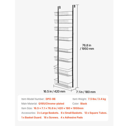 DPO-9B - Heavy-Duty Over the Door Organizer with 9 Baskets and Adjustable Spacing
