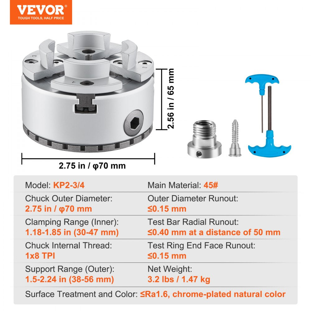 KP2-3/4 - VEVOR 2.75" Precision Lathe Chuck for Wood & Metalworking