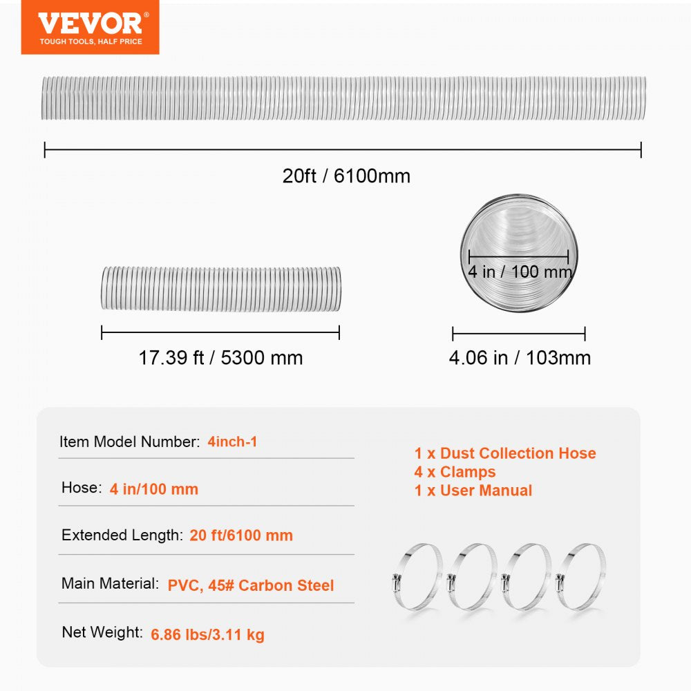 4inch-1 - 4" x 20' Flexible PVC Dust Hose with Steel Reinforcement