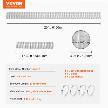 4inch-1 - 4" x 20' Flexible PVC Dust Hose with Steel Reinforcement