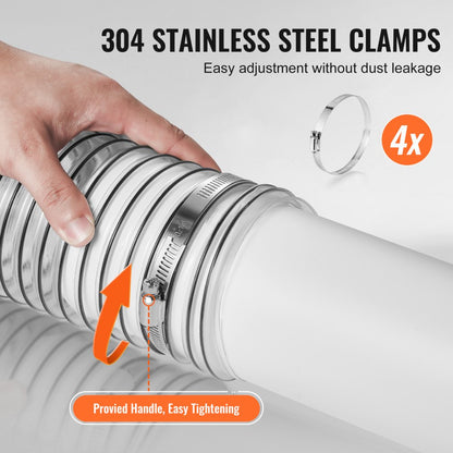 4inch-2 - 50' Flexible 4'' PVC Dust Hose with Steel Clamps