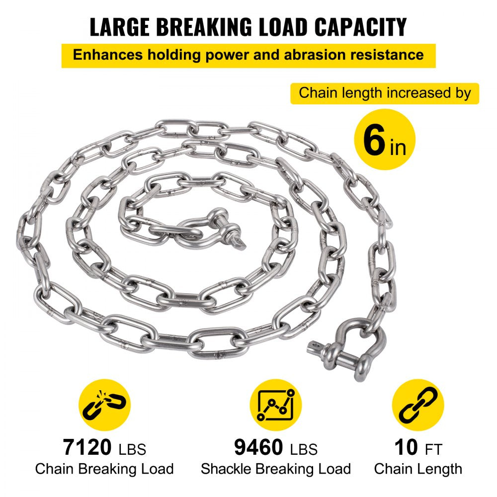 10' x 5/16" Anchor Chain - VEVOR Heavy-Duty Marine Chain for Secure Anchoring