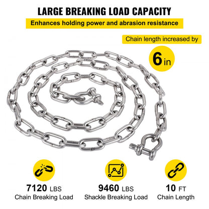 10' x 5/16" Anchor Chain - VEVOR Heavy-Duty Marine Chain for Secure Anchoring