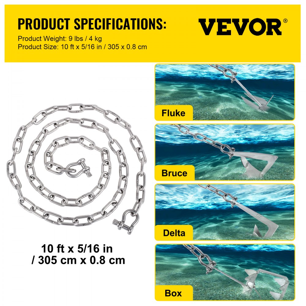 10' x 5/16" Anchor Chain - VEVOR Heavy-Duty Marine Chain for Secure Anchoring