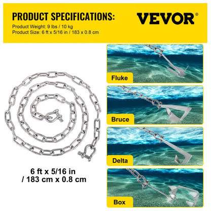 SH006 - Heavy-Duty 6' x 5/16" VEVOR Boat Anchor Chain for Secure Anchoring