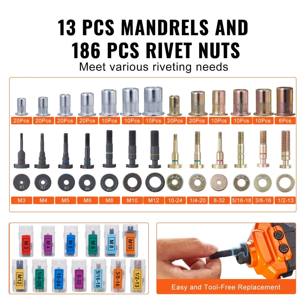 DY-8804 - 16-Inch Precision Rivet Nut Tool Kit with 13PCS Mandrels