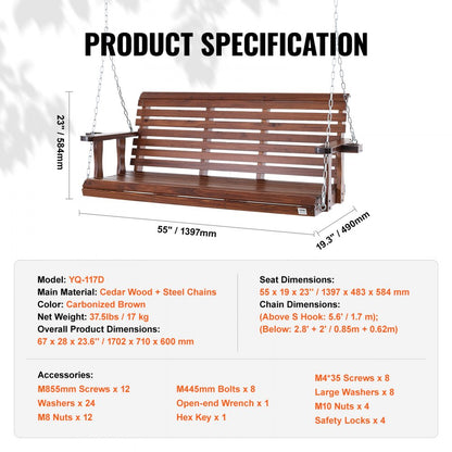 YQ-117D - Durable 5.5ft Fir Wood Porch Swing with Galvanized Chains