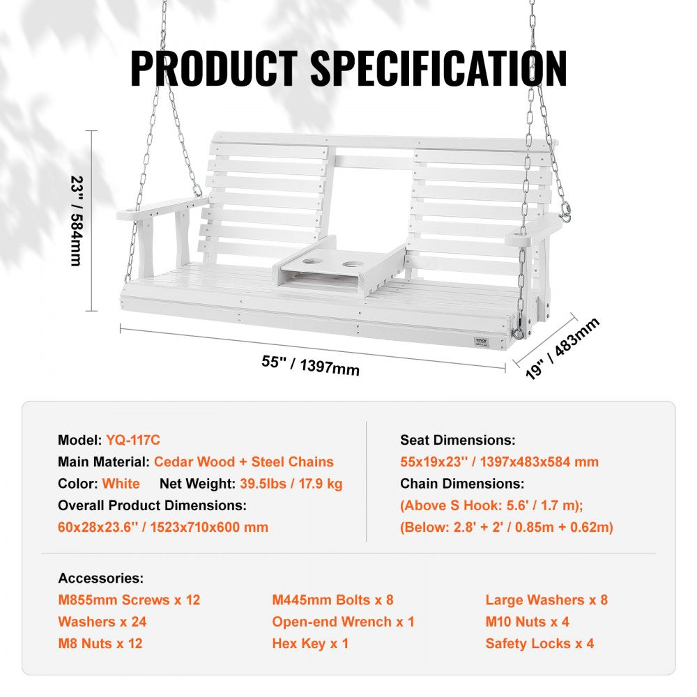 YQ-117C - 5ft Cedar Wood Porch Swing with Heavy-Duty Chains