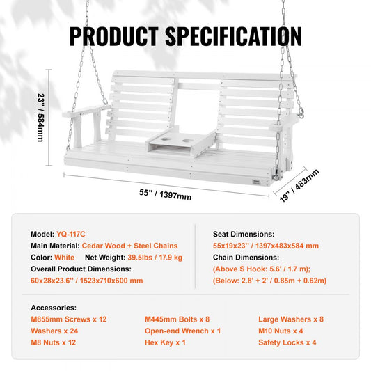 YQ-117C - 5ft Cedar Wood Porch Swing with Heavy-Duty Chains