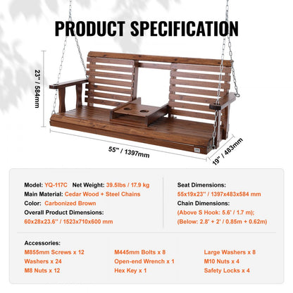 YQ-117C - 5ft Weatherproof Fir Wood Porch Swing with Steel Chains