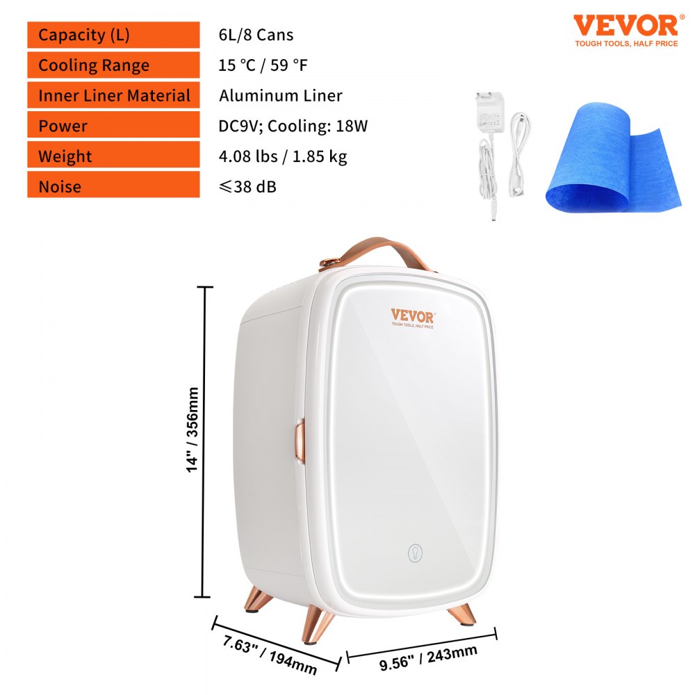 CBA-6L-I - Compact 6L Mini Fridge with Mirror & LED Light