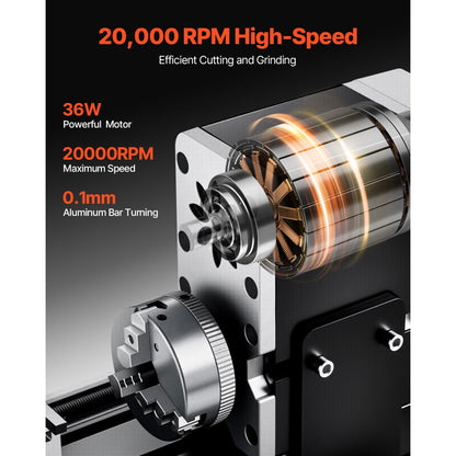 7X12 - Compact All-Metal Lathe Machine, 20,000 RPM Cutting Speed